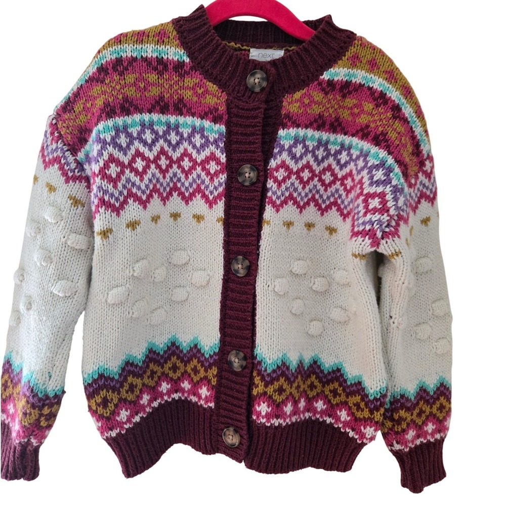 Next Kids Fair Isle Bobble Knit Cardigan Burgundy Pink‎ Button Front Sweater
